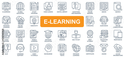 E-learning concept simple line icons set. Bundle of global education, study program, video lesson, digital library, webinar and other. Vector pack outline symbols for website or mobile app design