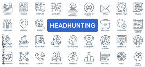 Headhunting concept simple line icons set. Bundle of career, resume, interview, candidate, analysis, leadership, recruitment and other. Vector pack outline symbols for website or mobile app design