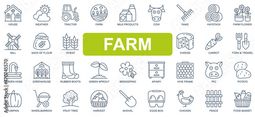 Farm concept simple line icons set. Bundle of house, tractor, milk products, cow, cheese, carrot, garden, greenhouse, beekeeping and other. Vector pack outline symbols for website or mobile app design
