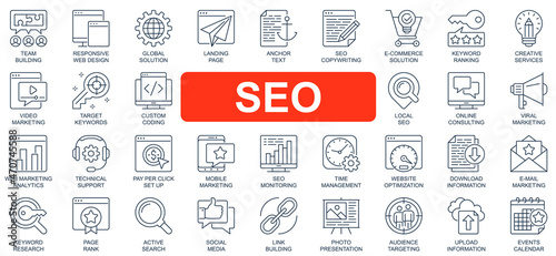 SEO concept simple line icons set. Bundle of optimization, solution, landing page, keyword, ranking, video marketing, target and other. Vector pack outline symbols for website or mobile app design