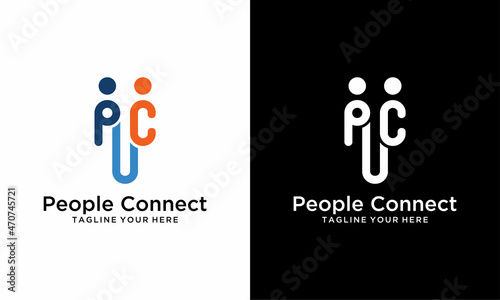 Connecting People Logo Design Vector Image, PC Letters circle, logo design inspiration on black and white background.