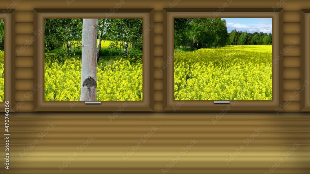 Seamless scenic view from inside a moving vintage train cart