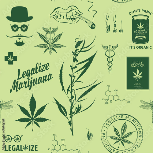 Vector seamless pattern in retro style on a theme of marijuana legalization. Monochrome repeating background with cannabis plant, hemp leaves, hipster face and other sketches on a light green backdrop