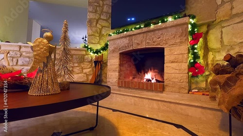 Home interior with fireplace in winter season. Christmas decorations