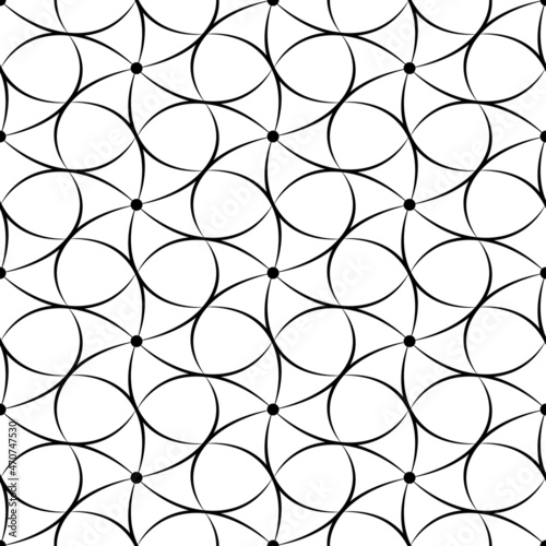 Geometric seamless pattern. Abstract background floral leaf. Black flowers line on white background. Simple flower backdrop for design prints. Leaves lattice. Monochrome tileable. Vector illustration