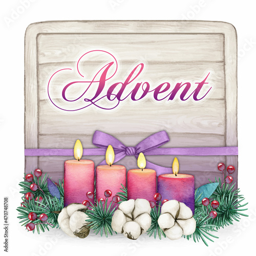 Watercolor wooden tag with purple advent candle decoration