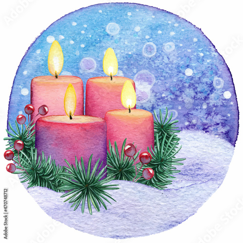 Watercolor purple advent candles in a snowy background
