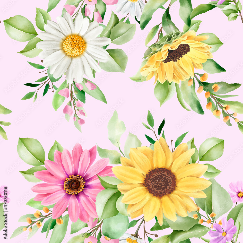 hand drawn watercolor sun flower and daisy seamless pattern