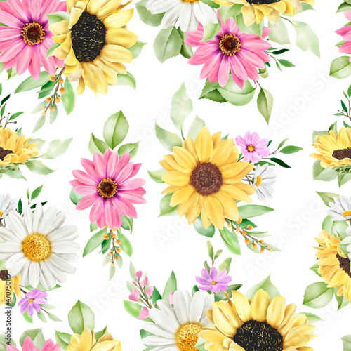 hand drawn watercolor sun flower and daisy seamless pattern © lukasdedi