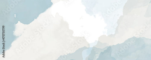 Vector watercolor background for cards. Hand drawn vector texture. Pastel color watercolour banner. White background. Brushstrokes and splashes. Template for design. Blue, grey, white.	