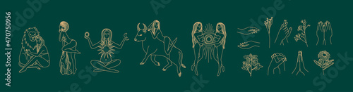 Collection of female silhouettes drawn by line. Astrological symbols. Mythical characters. Mystical women, beautiful esoteric drawings. Print for clothes. Ritual ceremony. Linear magic drawing. 