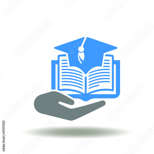 Vector illustration of hand holding book with graduation cap. Symbol of free education. Icon of electronic internet learning service.