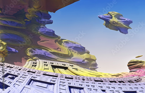Plane spaceship flight on a fantastic unknown planet, 3d render