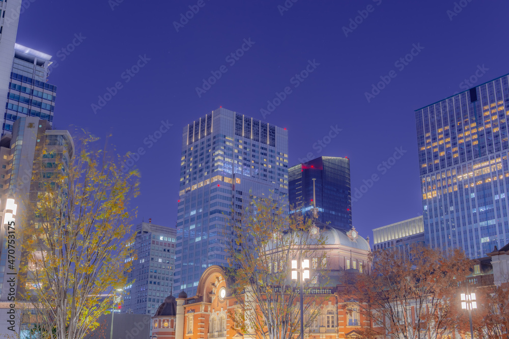 Fototapeta premium 東京都千代田区丸の内の東京駅周辺の夜の都市景観