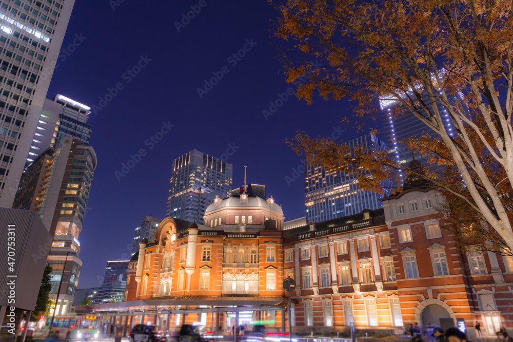 東京都千代田区丸の内の東京駅周辺の夜の都市景観