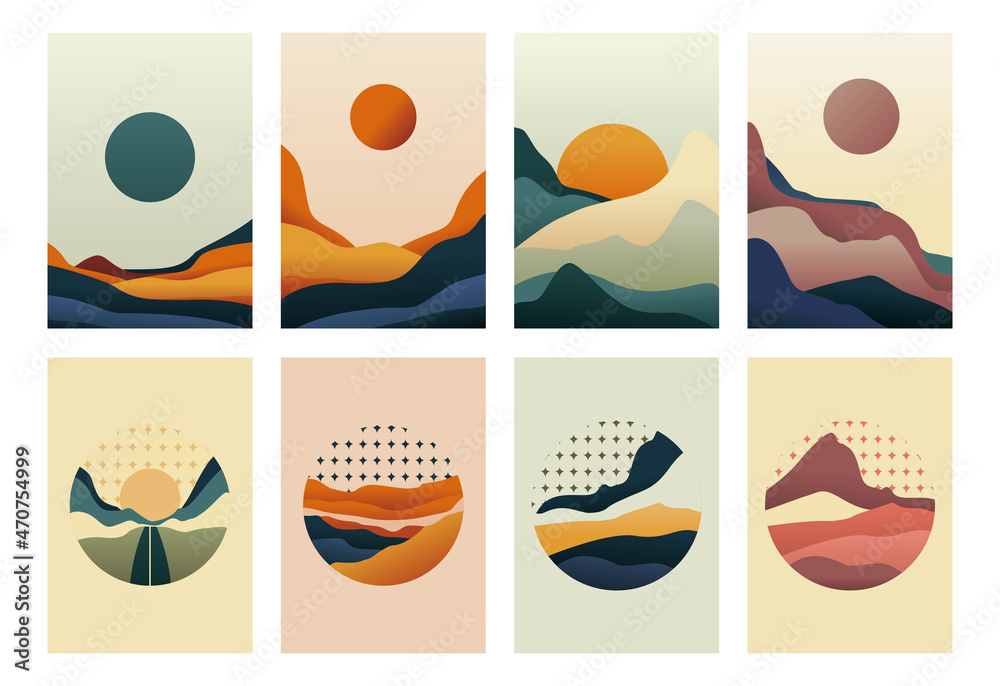Abstract Landscape background with Japanese pattern vector. Mountain template with curve elements in vintage style.