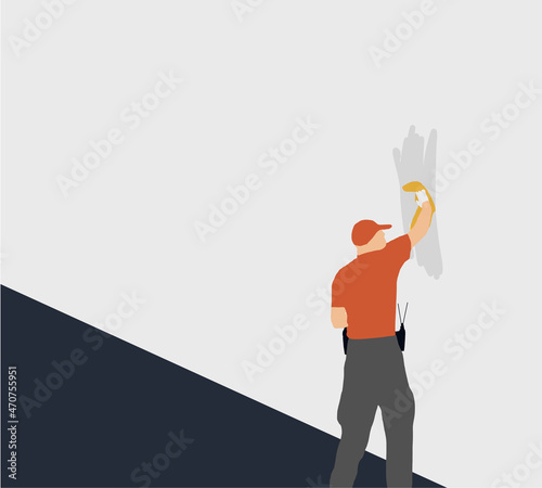 Man hand holding microfiber cleaning cloth on white wall. Clearing service for cleaning and washing of premises. Layout. Vector illustration.