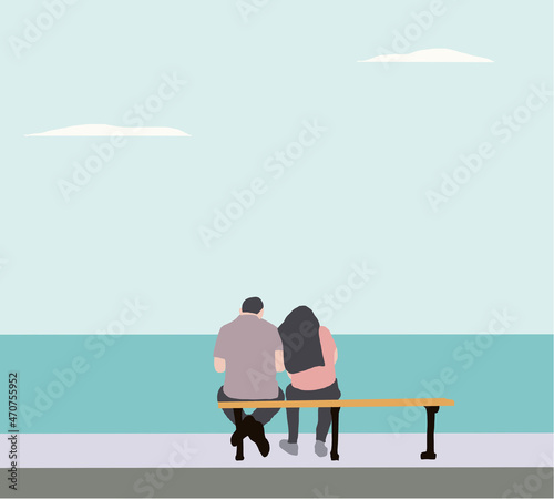 Lovely couple is sitting on bench and looking at the sea. Modern design stylish illustration. Retro flat vector background. Valentine's Day Card.