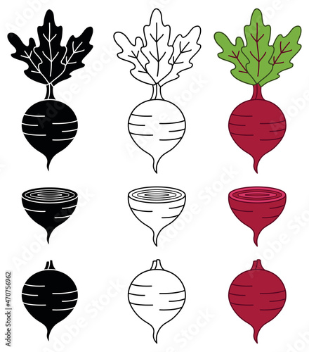 Beet Root Vegetable Clipart Set - Outline, Silhouette and Color