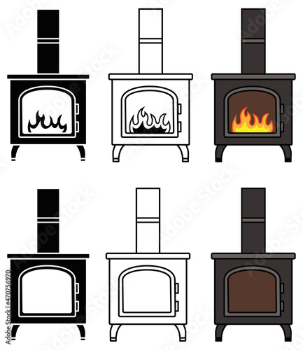 Wood Stove Fireplace Clipart Set - Outline, Silhouette and Color