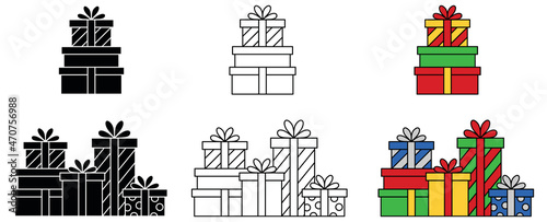 Stack or Pile of Gift Boxes / Presents Clipart set - Outlines, Silhouette and Color
