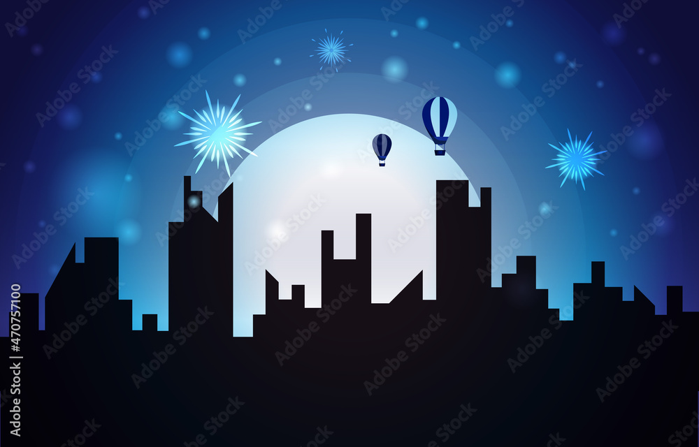 Fototapeta premium Beautiful Night City Building New Year Celebration Card Vector Illustration