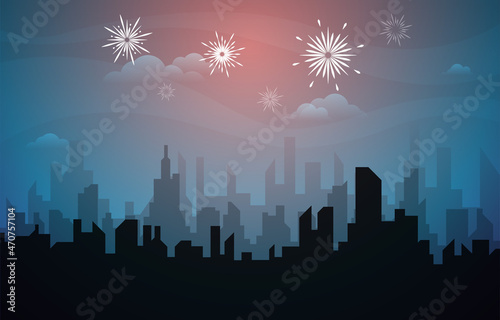 Beautiful Night City Building New Year Celebration Card Vector Illustration