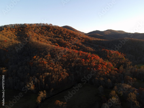 Beautiful glowing red, autumn forest landscape on mountain foothills in rural Georgia