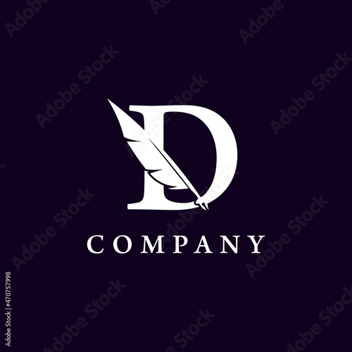 Letter D with Feather Quill Pen Notary Writer Journalist Logo Design Inspiration
