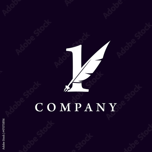 Number 1 with Feather Quill Pen Notary Writer Journalist Logo Design Inspiration