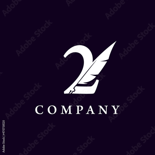 Number 2 with Feather Quill Pen Notary Writer Journalist Logo Design Inspiration