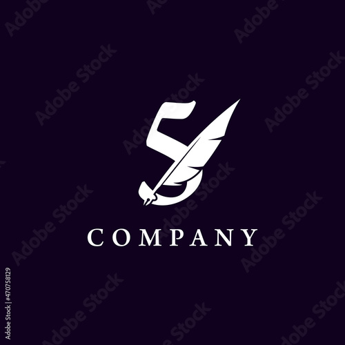 Number 5 with Feather Quill Pen Notary Writer Journalist Logo Design Inspiration