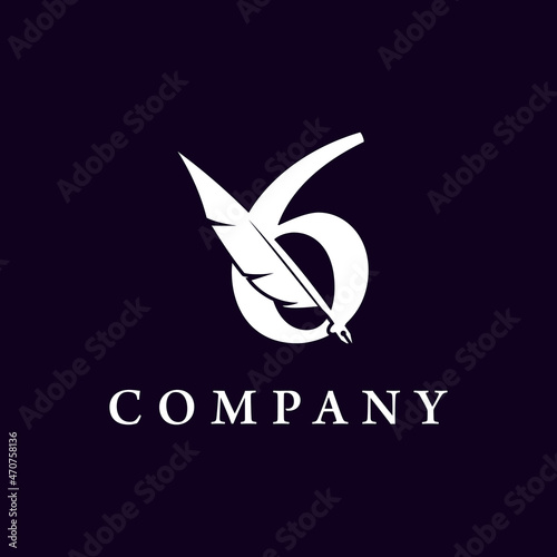 Number 6 with Feather Quill Pen Notary Writer Journalist Logo Design Inspiration
