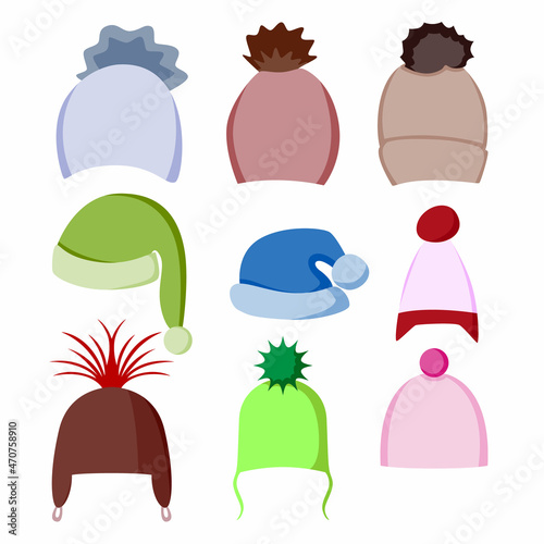 A set of nine winter hats in different colors.