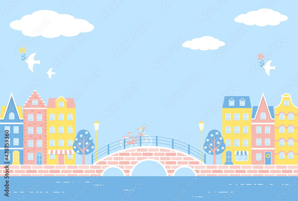 vector background with city landscape with a bridge and colorful houses along the canal for banners, cards, flyers, social media wallpapers, etc.
