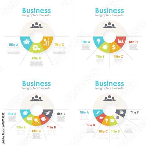 Vector circle infographics set. Business concept for round diagram, graph and presentation. Template with 3, 4, 5, 6 options, parts, steps or processes.