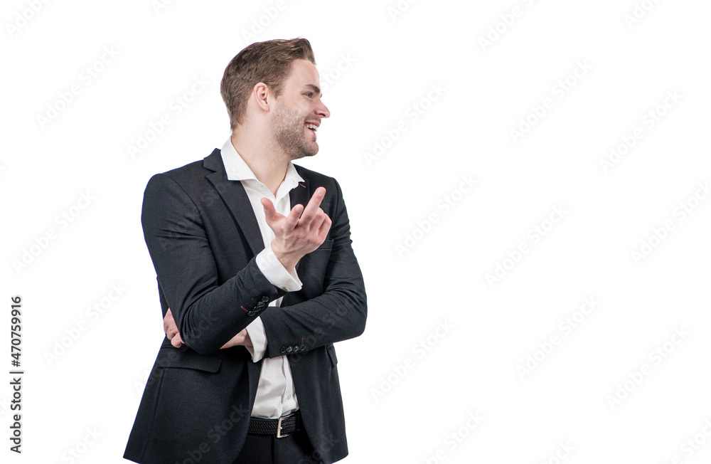 Happy business professional man in formalwear looking aside isolated on white copy space, formal Happy business professional man in formalwear looking aside isolated on white copy space, formal