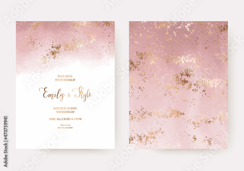 Elegant pink watercolor wedding invitation cards with gold splatter texture. photo