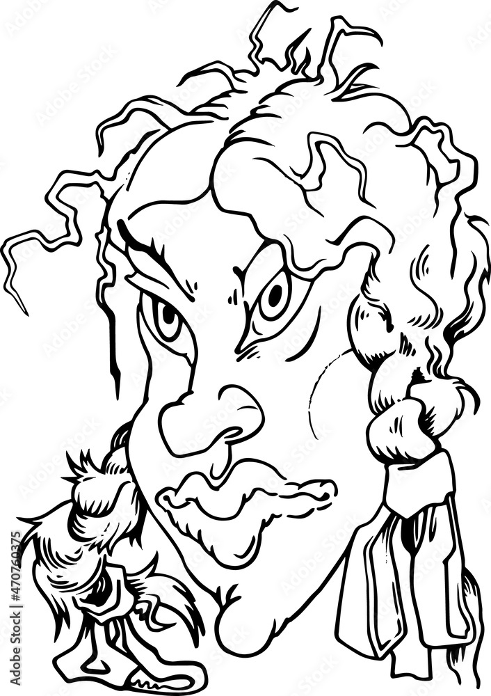 Graphic portrait - illustration. Unkemptness is a human quality that leads to the degradation of the individual. Page with the face of rights. Caricature of a man. Graphic portrait - illustration. Unkemptness is a human quality that leads to the degradation of the individual. Page with the face of rights. Caricature of a man.