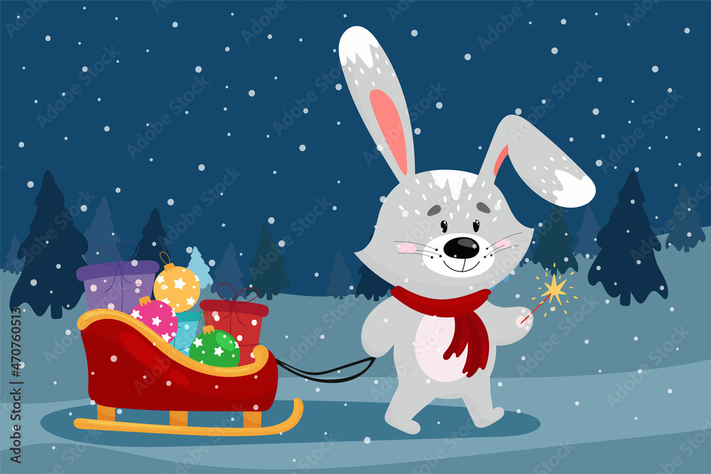 Cute hare in a santa hat carrying christmas gifts on a sleigh