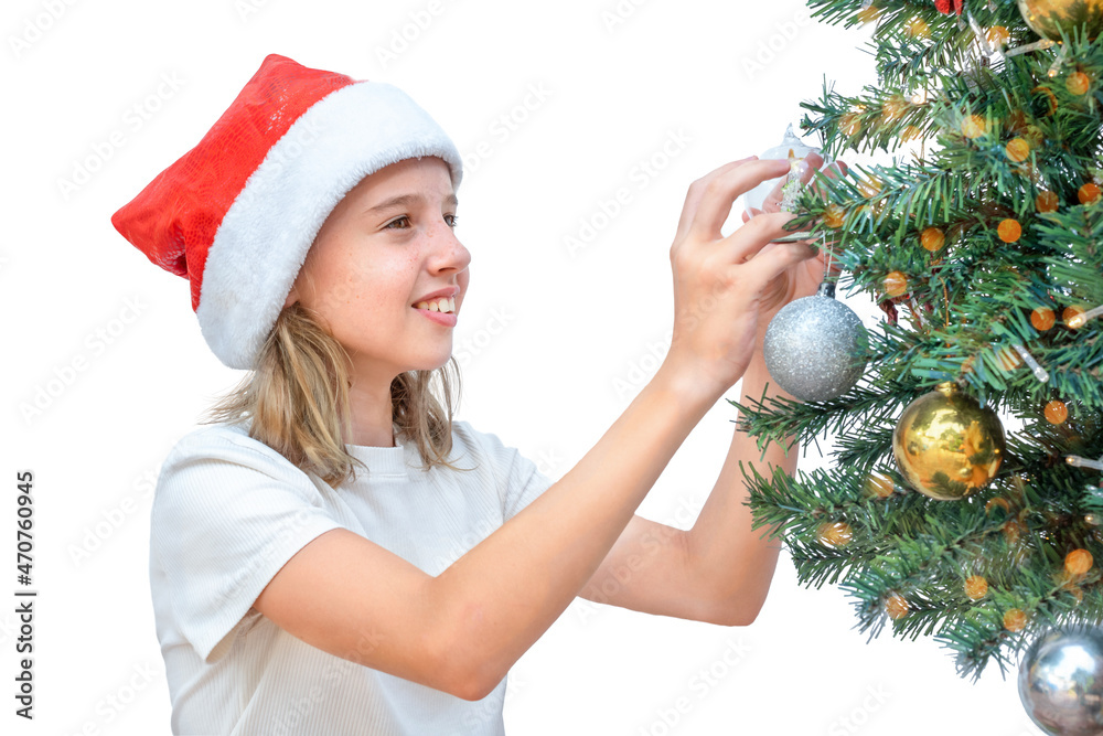 Child trim the Christmas tree isolated Child trim the Christmas tree isolated