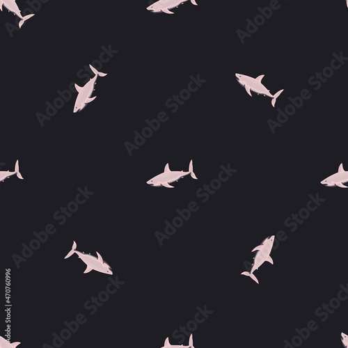 Seamless pattern shark on black background. Texture of pink marine fish for any purpose.