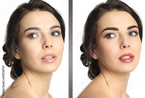 Beautiful young woman before and after permanent makeup on white background, collage