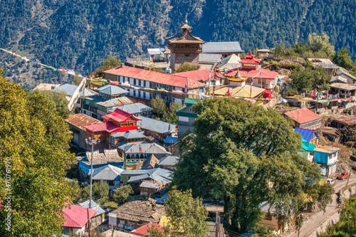 Aerial view of Kalpa village town in the Himalayas at Himachal Pradesh India