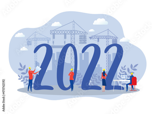 business engineering at work at a construction background. New Year card, 2021. Flat vector illustration.