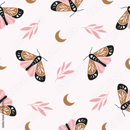 Vector seamless pattern - celestial butterfly. Mystical insect luna moth, floral, moon on pink background. Design for magic print, fabric, wallpaper, textile, magical decor.