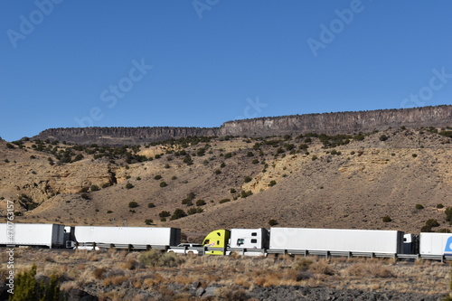 McCartys, New Mexico, USA - November 21, 2021: Accident on I-40 near Grants, New Mexico has westbound traffic on I-40 at a standstill