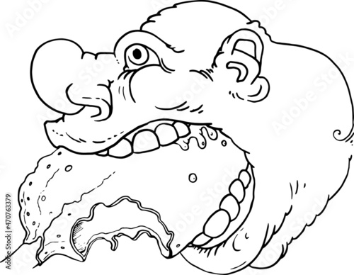Graphic portrait - illustration. Gluttony is a human quality that leads to the degradation of the individual. Page with the face of rights. Caricature of a man.