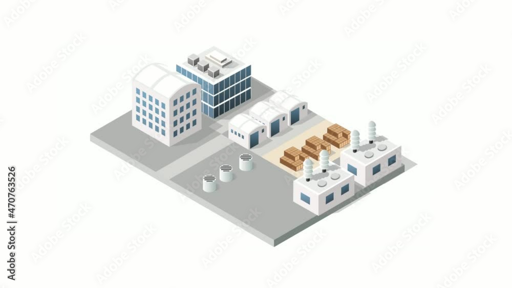 Isometric 3D city urban factory which includes building motion, animation Isometric 3D city urban factory which includes building motion, animation