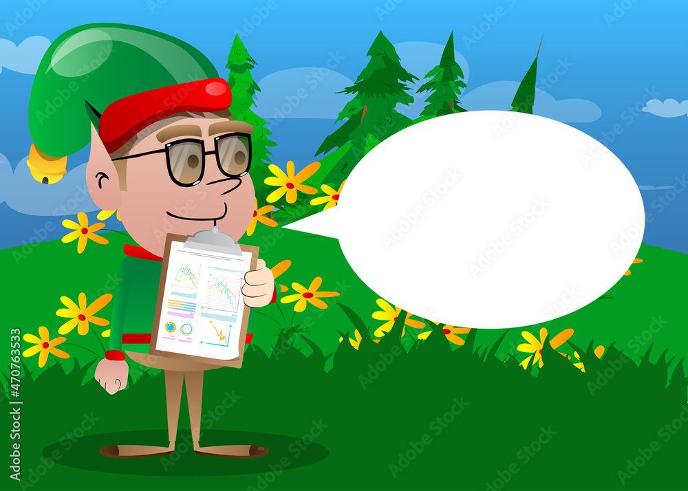 Christmas Elf shows finance report. Vector cartoon character illustration of Santa Claus's little worker, helper. Christmas Elf shows finance report. Vector cartoon character illustration of Santa Claus's little worker, helper.